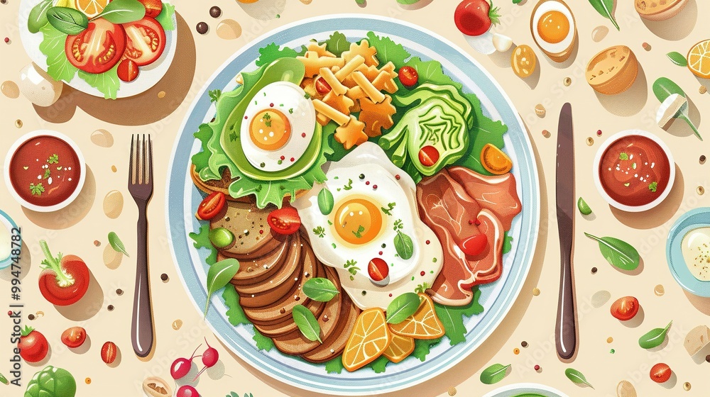 A Delicious and Colorful Plate of Food with Eggs, Ham, and Vegetables A Delicious and Colorful Plate of Food with Eggs, Ham, and Vegetables