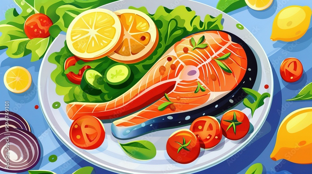 Grilled Salmon with Lemon and Tomato Garnish on a White Plate Grilled Salmon with Lemon and Tomato Garnish on a White Plate