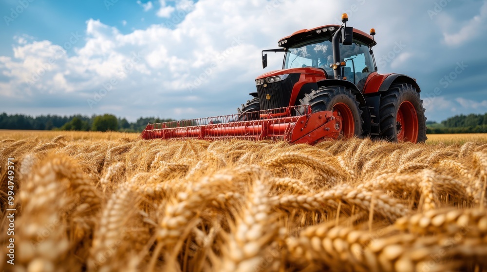 Fototapeta premium Modern Tractor Harvesting Wheat in Open Field