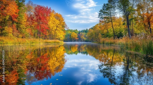 Autumnal Forest Reflecting in Still Lake Water