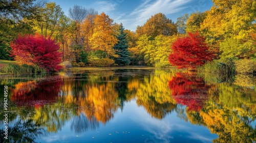 Autumnal Trees Reflected in Still Pond Water