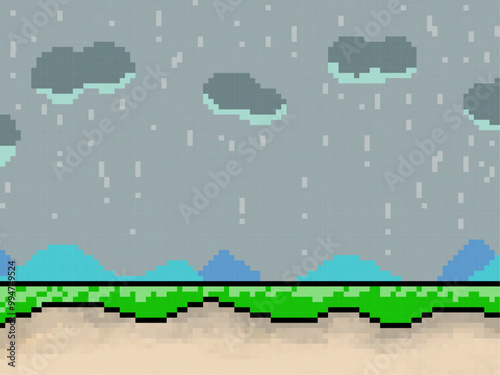 RPGゲーム画面のようなドット絵　雨の背景
