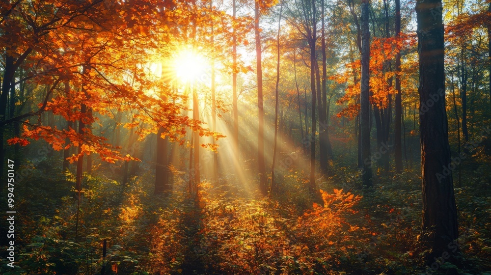Sunbeams Illuminating an Autumnal Forest