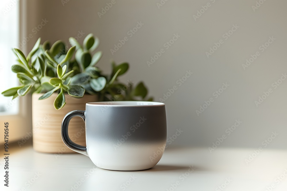 A close-up of a gray and white mug with a plant in the background. A close-up of a gray and white mug with a plant in the background.