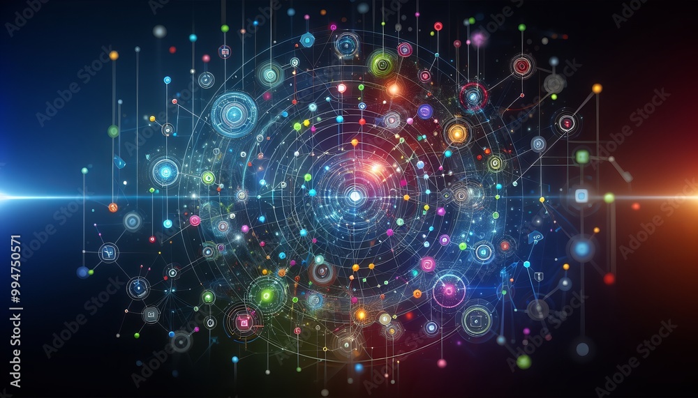 Obraz premium A vibrant digital network with interconnected nodes and dynamic energy flow suitable for Adobe Stock.