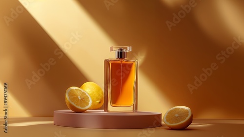 A bottle of perfume with a citrusy scent,  surrounded by lemons and bathed in warm light. photo