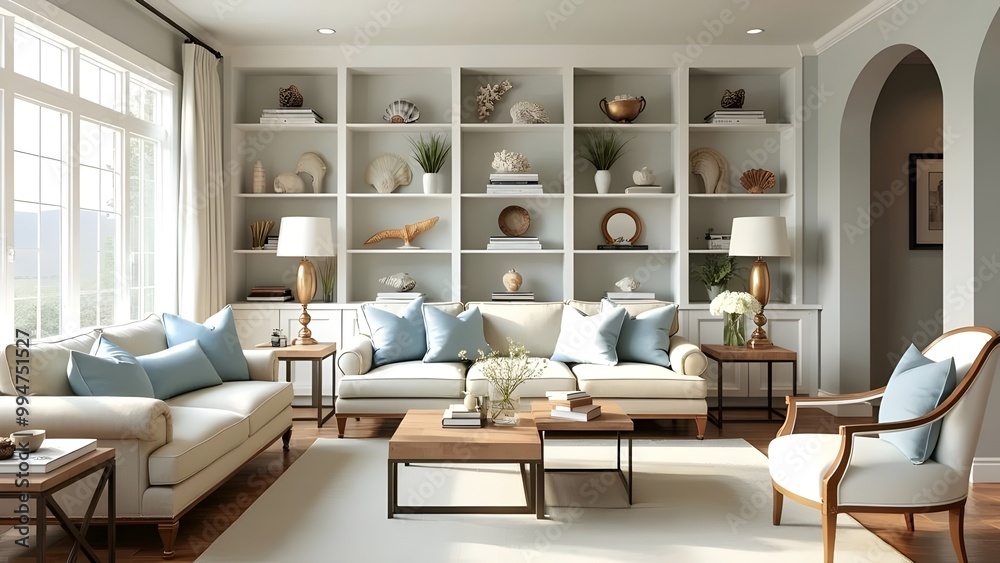 Fototapeta premium Elegant Living Room with White Shelving and Gold Accents