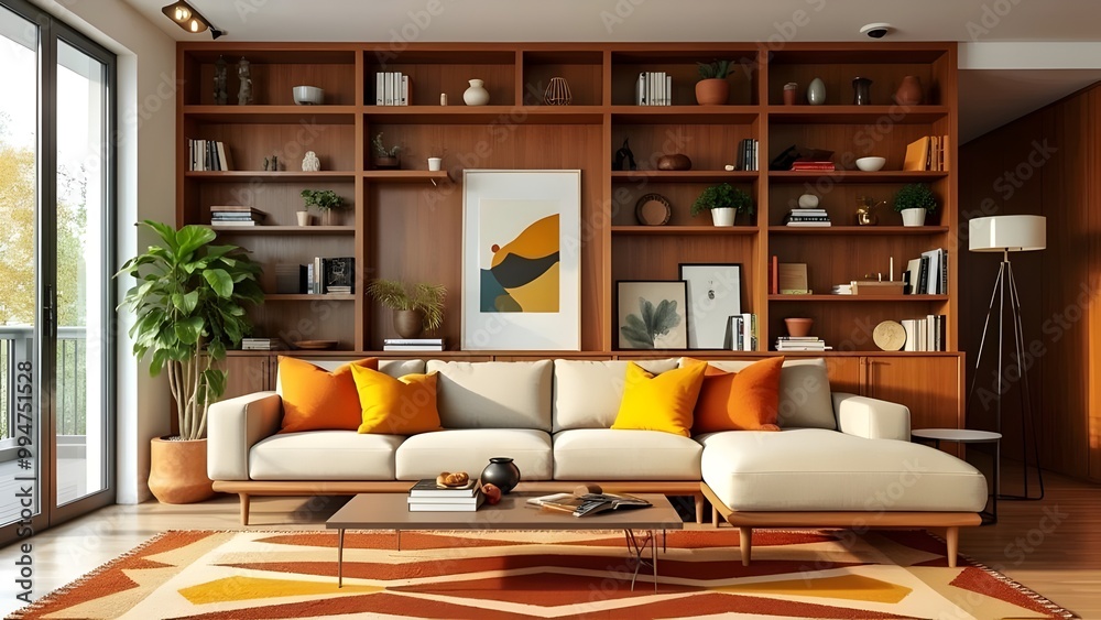 Fototapeta premium Mid-Century Modern Living Room with Sectional Sofa and Bookshelf