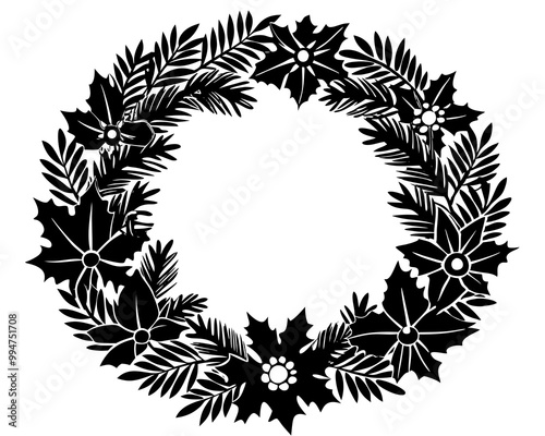 Christmas Wreath black silhouette vector,wreath with ribbon christmas symbol