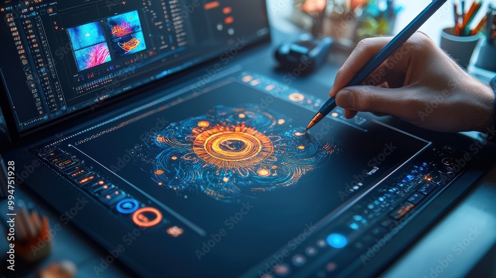 Fototapeta premium Futuristic Graphic Design Workspace with AI Powered Assistant