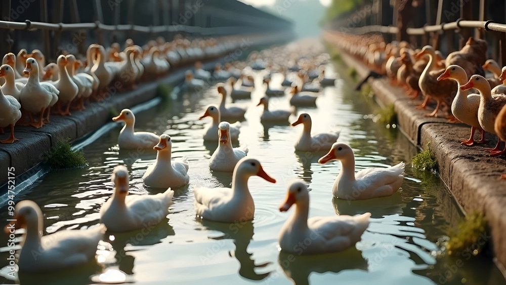 Naklejka premium Ducks Swimming in a Canal on a Farm