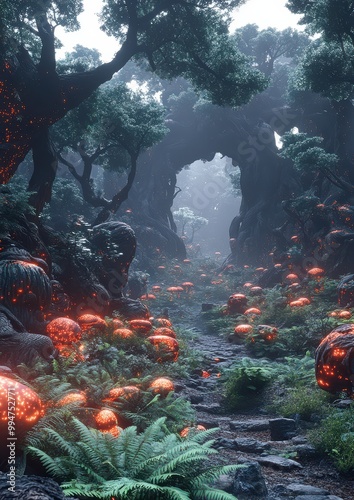 Mystical Enchanted Forest Path with Glowing Mushrooms and Thick Foliage Leading to a Natural Stone Arcway in a Fantasy Setting photo