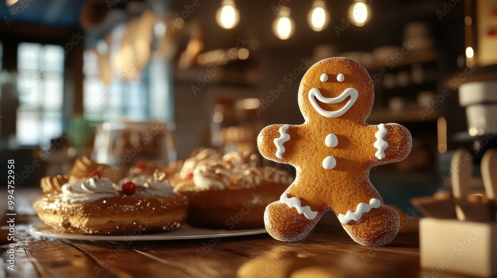 Cheerful gingerbread man standing on a wooden table with delicious holiday pastries in a cozy, warmly lit bakery. Cheerful gingerbread man standing on a wooden table with delicious holiday pastries in a cozy, warmly lit bakery.