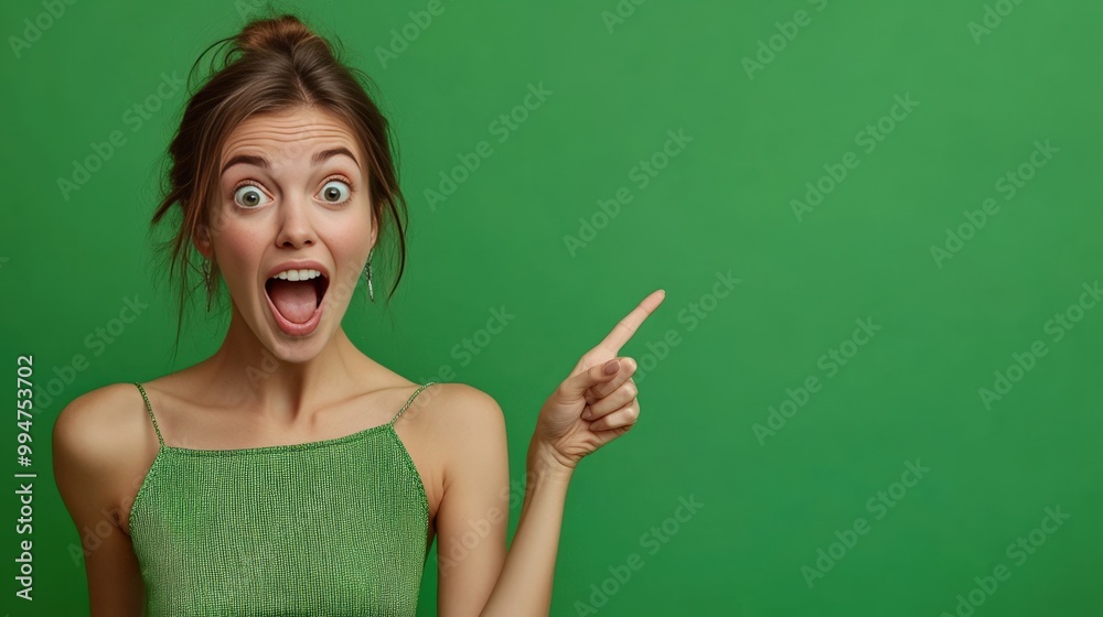 Joyful Woman with Wide Eyes and Pointing Gesture Joyful Woman with Wide Eyes and Pointing Gesture