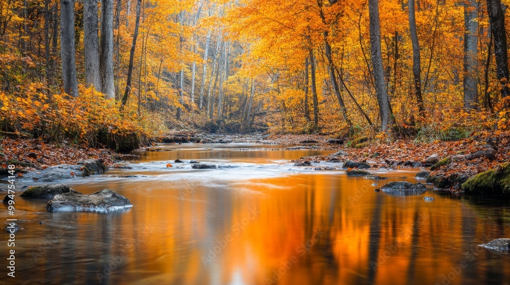 Fototapeta premium Tranquil Autumn Creek Reflecting Golden Foliage in a Forest