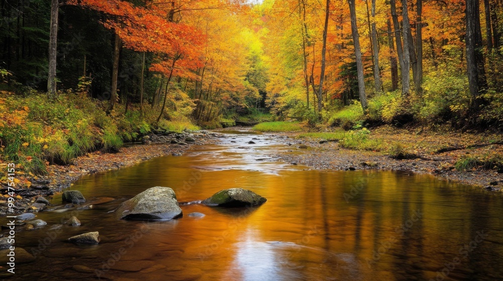 Obraz premium Autumnal Stream Flowing Through a Forest
