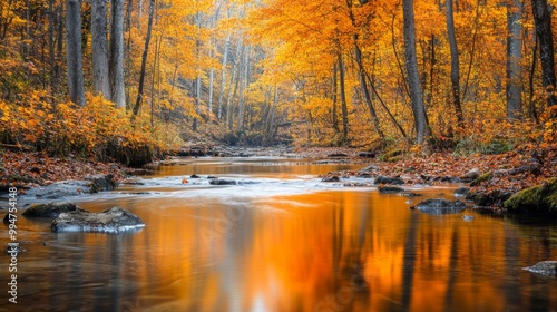 Tranquil Autumn Creek Reflecting Golden Foliage in a Forest