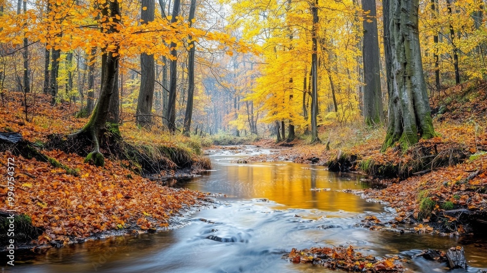 A Serene Stream Flowing Through a Golden Autumn Forest A Serene Stream Flowing Through a Golden Autumn Forest