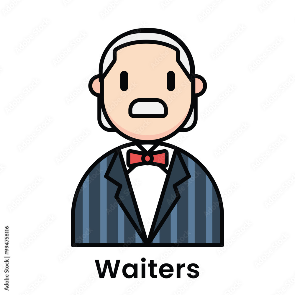 Waiter old man avatar character cartoon design style, Editable vector stroke outline Waiter old man avatar character cartoon design style, Editable vector stroke outline