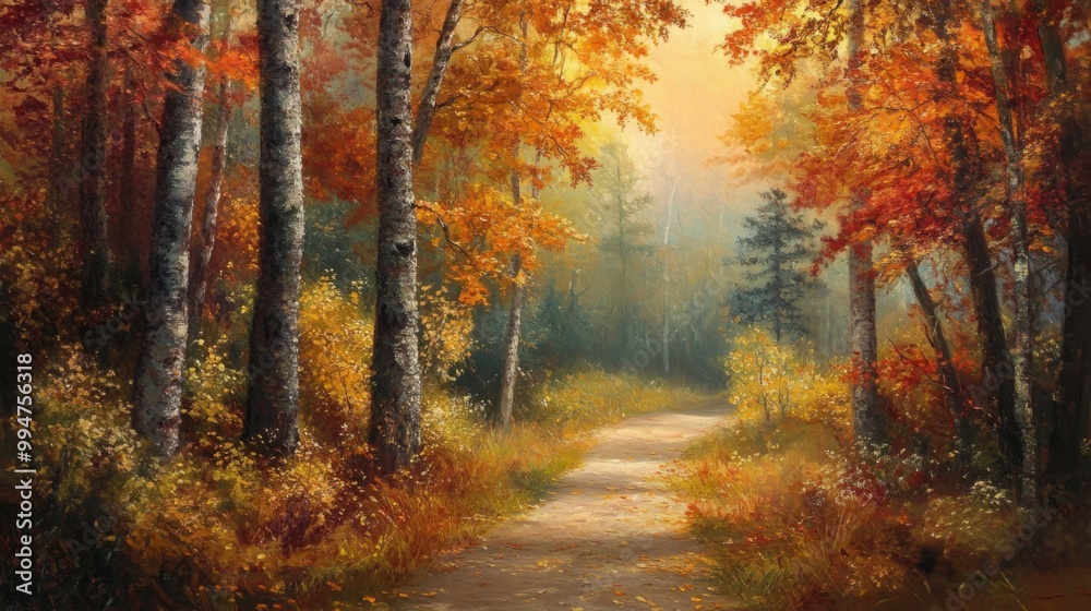 A Path Through Autumnal Forest with Golden Sunlight Filtering Through the Trees A Path Through Autumnal Forest with Golden Sunlight Filtering Through the Trees