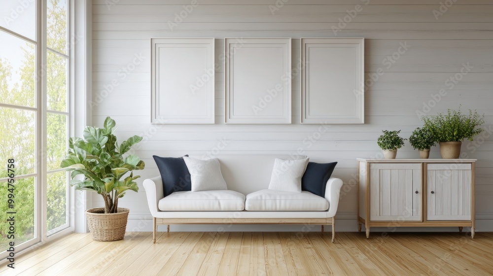 Fototapeta premium Minimalist Living Room with White Sofa and Plants