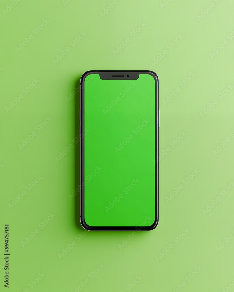 A modern smartphone with a green screen lies on a bright green background. A modern smartphone with a green screen lies on a bright green background.