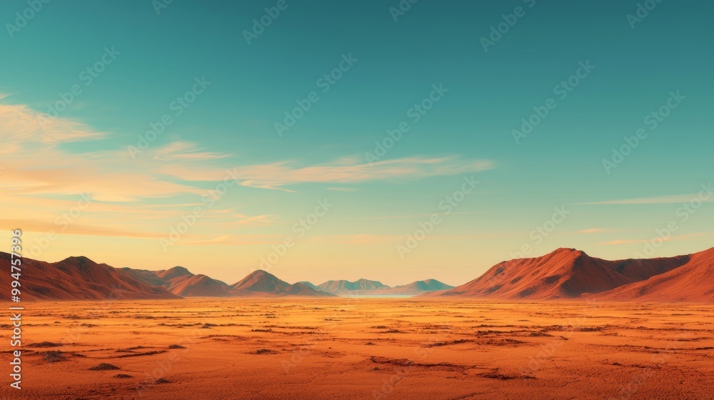 Fototapeta premium Vast Desert Landscape with Distant Oasis on the Horizon