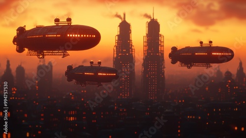 Steampunk Airships in a Sunset Sky