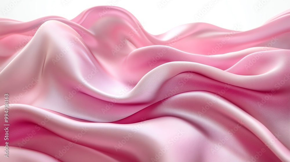 Obraz premium Soft pink satin fabric billowing in the air, creating soft folds and ripples, isolated on white, floating pink fabric, fluid motion concept, 3D illustration