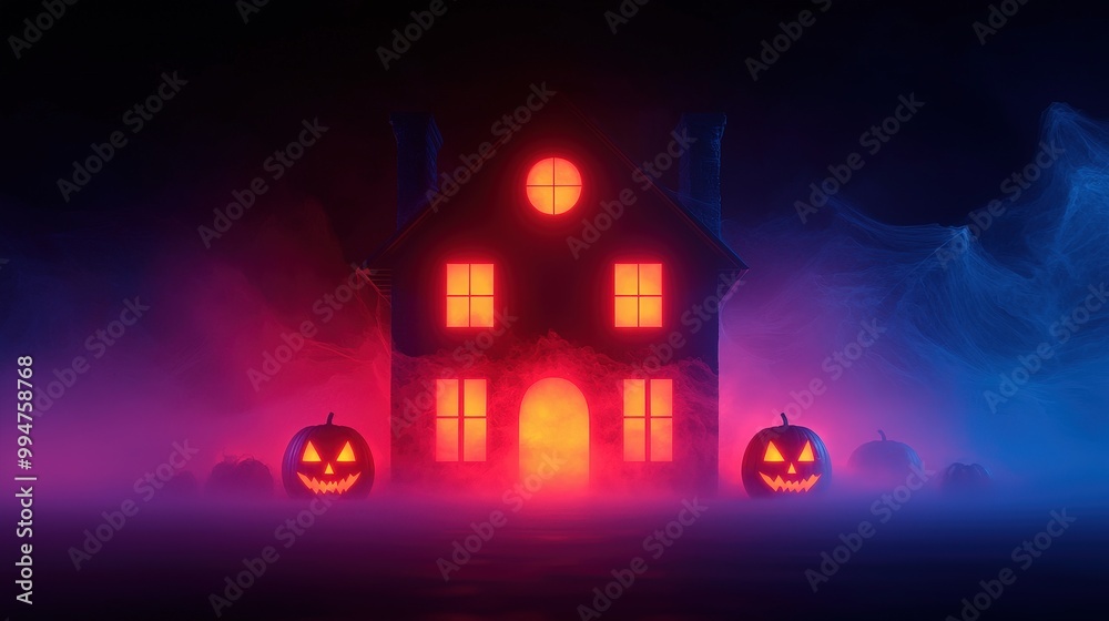Glowing Haunted House with Jack o Lantern Silhouettes in Fog for Halloween Glowing Haunted House with Jack o Lantern Silhouettes in Fog for Halloween