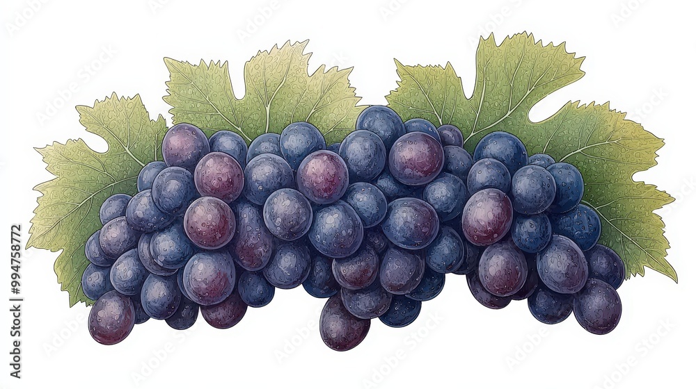 Fototapeta premium Fresh Juicy Grapes with Green Leaves Realistic Illustration