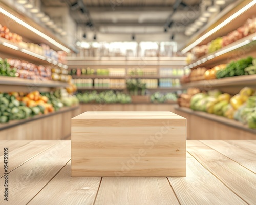 A wooden box sits on a table in front of a blurry background of a grocery store.