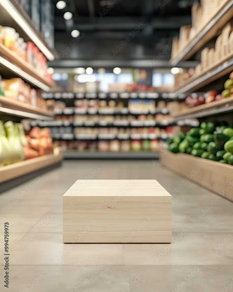 Fototapeta premium Empty wooden platform in a grocery store aisle with shelves stocked with products.
