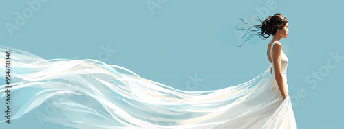 A serene young woman in a flowing white dress stands against a soft blue backdrop, her hair gently waving in the breeze.