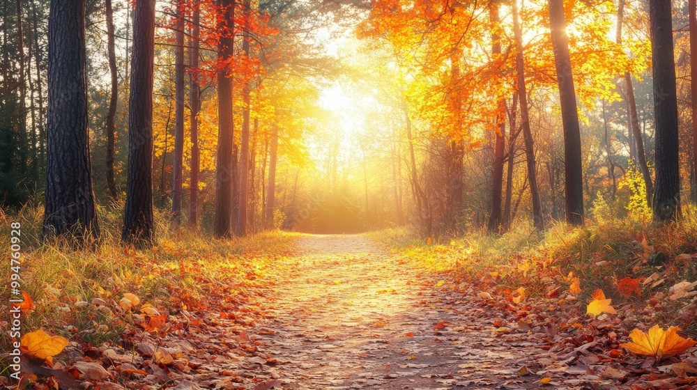 Golden Sunlight Illuminates a Path Through Autumn Forest Golden Sunlight Illuminates a Path Through Autumn Forest