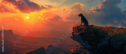 A dog sits on a cliff edge, overlooking a stunning sunset vista with colorful clouds. The serene beauty captures the essence of tranquility.