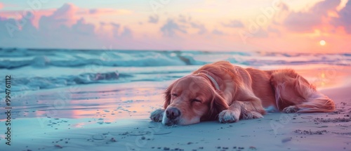 Golden retriever dog peacefully sleeping on the beach at sunset, with colorful sky and gentle waves in the background.