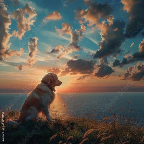 Golden Retriever dog sitting on a hill looking at a beautiful sunset over the ocean with dramatic clouds.