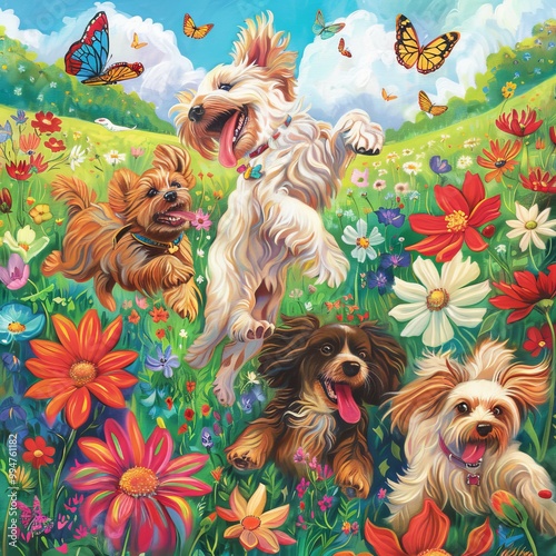 Joyful dogs play in a vibrant flower field under a bright sky with butterflies fluttering above.