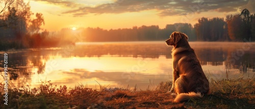 Golden Retriever sits by the serene lake during a picturesque sunset, reflecting tranquility and beauty of nature's golden hour.