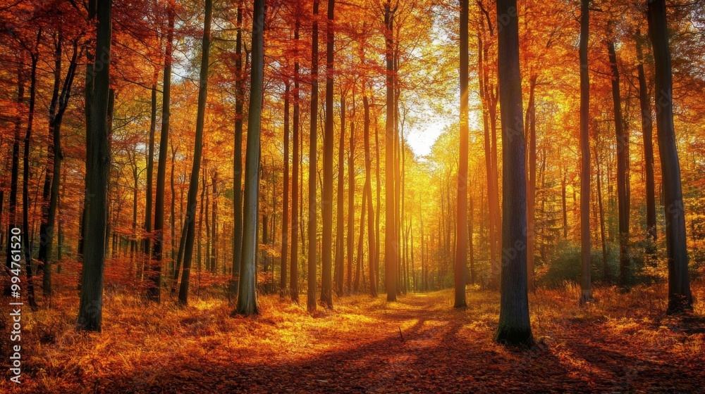 Obraz premium Sunlit Path Through a Golden Autumn Forest