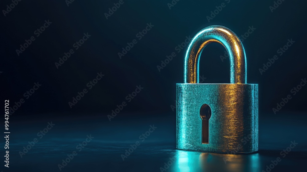 Metal padlock on dark background, illuminated by blue light Metal padlock on dark background, illuminated by blue light