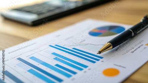 Financial graphs and charts with pen on desk