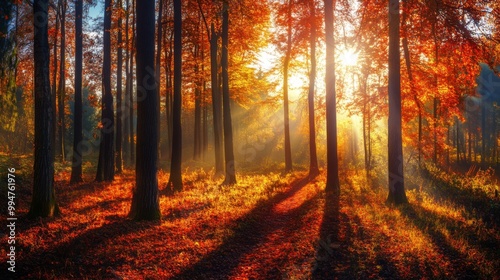 Sunbeams Illuminating a Path Through an Autumn Forest