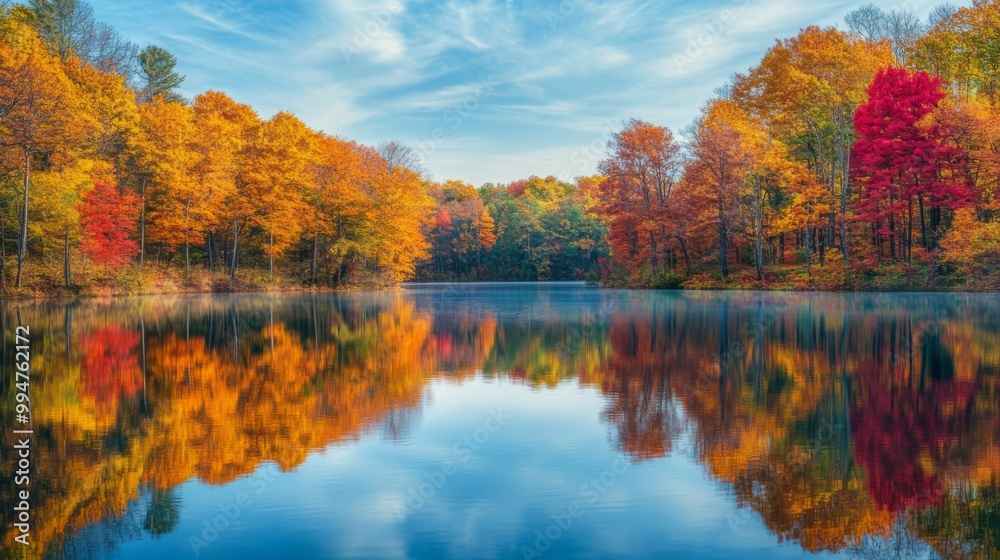 Fall Foliage Reflected in a Calm Lake with a Blue Sky Fall Foliage Reflected in a Calm Lake with a Blue Sky