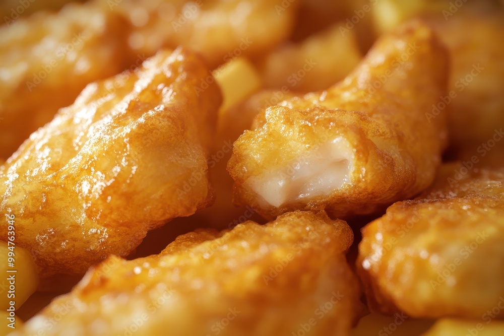 Close-up of crispy, golden-brown fish nuggets, perfectly fried and ready to eat, showcasing their crunchy texture and juicy insides. Close-up of crispy, golden-brown fish nuggets, perfectly fried and ready to eat, showcasing their crunchy texture and juicy insides.
