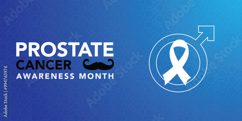 Prostate Cancer Awareness Month. September observance campaign design poster. Blue Featuring ribbon and male gender symbol on Monochrome blue patterned background.
