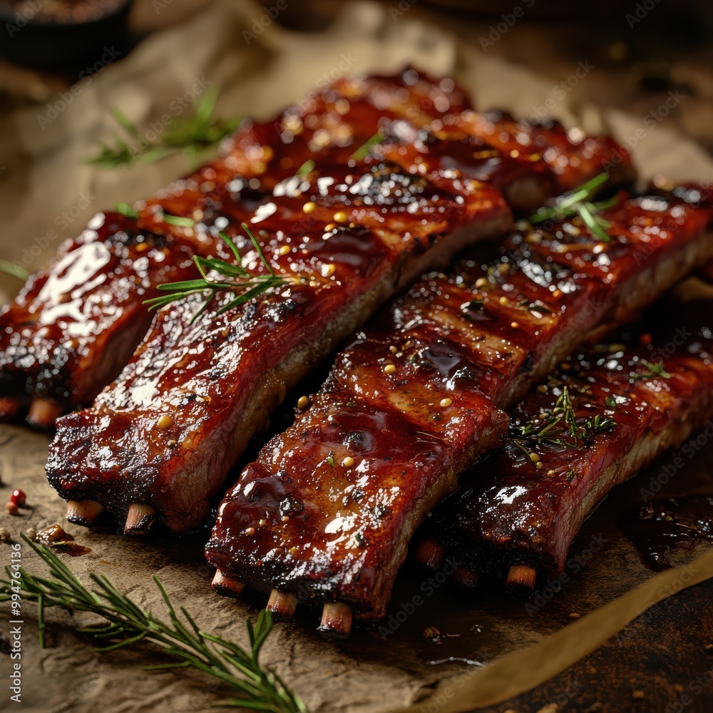Delicious glazed BBQ ribs garnished with rosemary on parchment paper, perfect for a hearty meal or summer barbecue. Delicious glazed BBQ ribs garnished with rosemary on parchment paper, perfect for a hearty meal or summer barbecue.