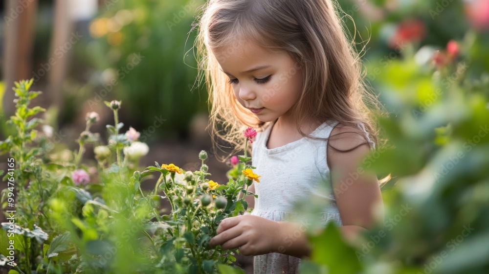 Young Girl Exploring a Garden of Flowers Young Girl Exploring a Garden of Flowers