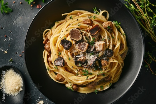 Delicious fettuccine pasta with creamy truffle sauce and mushrooms, garnished with fresh herbs, served in an elegant black bowl.